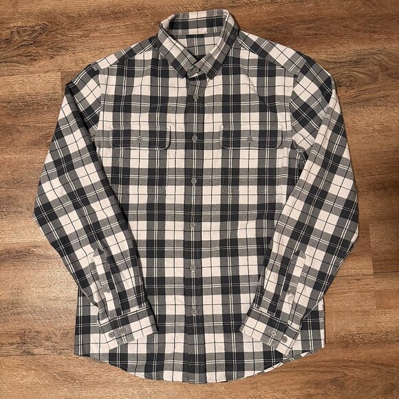 Casual Button Down Mens Large Gray & White Plaid Rugged Flannel Shirt - Picture 1 of 5